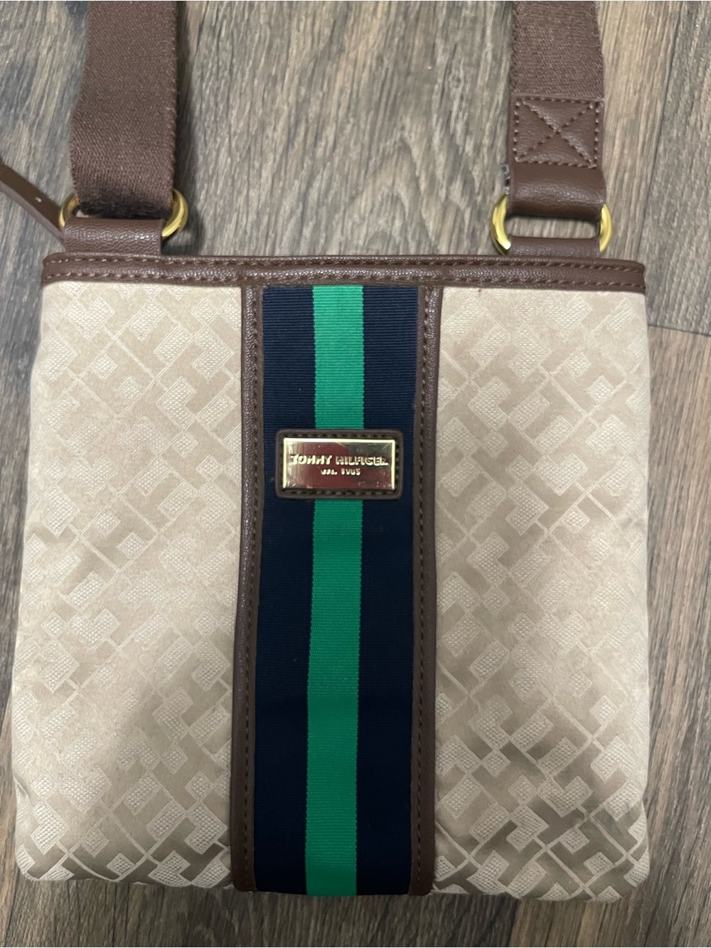 Vintage Tommy Hilfiger Jacquard Monogram Crossbody Bag, Green & Blue Stripe